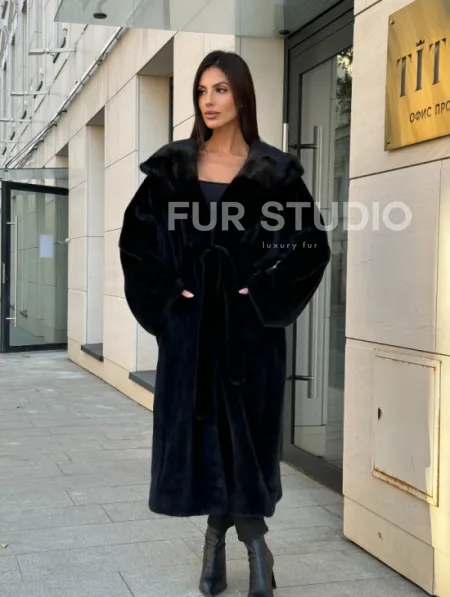 Норка кимоно BLACKGLAMA роспуск, капюшон кобра - фото 0