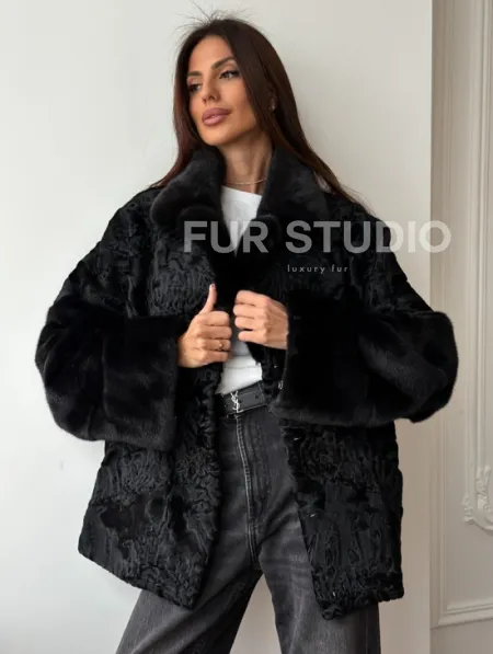 Полушубок из каракуля с норкой - фото 0