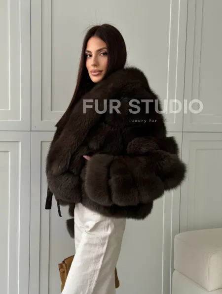 Полушубок-кроп из песца с шалевым воротником - фото 11