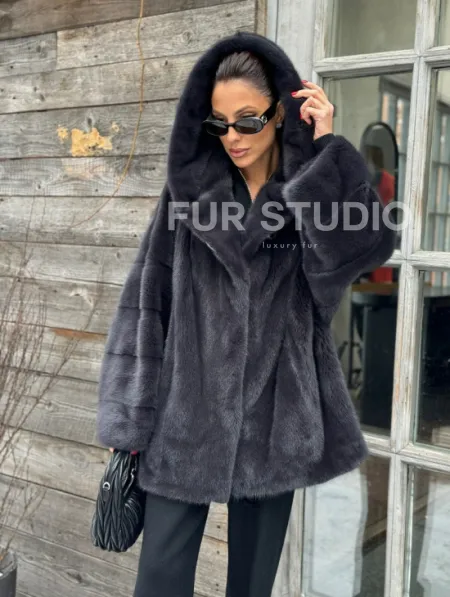 Шуба норковая с капюшоном - цвет графит - фото 0