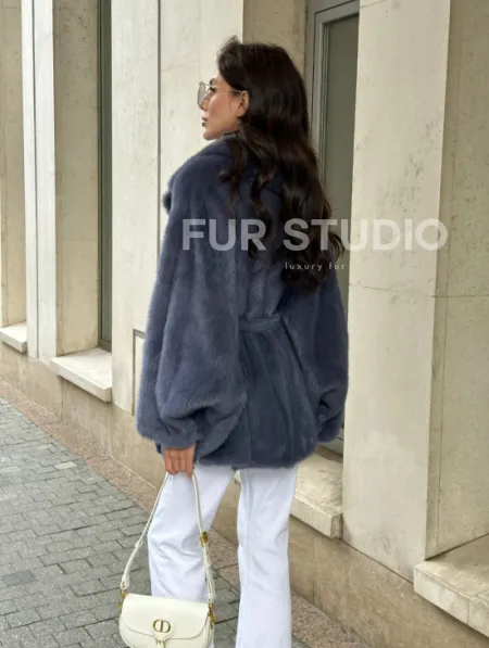 Шуба норковая летучая мышь - цвет джинс - фото 2