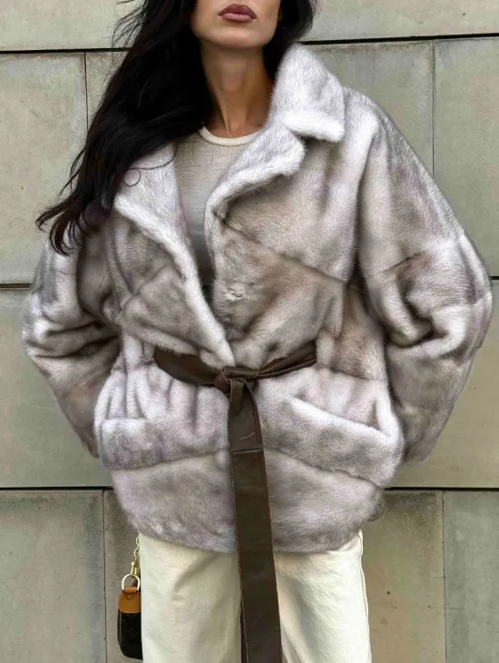 Укороченная шуба из меха норки модель кимоно - цвет колотый лед - фото 5