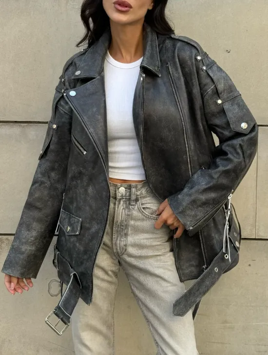 Куртка-косуха винтажная из натуральной кожи со шнуровкой - фото 6