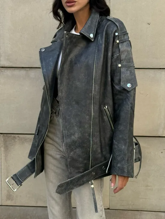 Куртка-косуха винтажная из натуральной кожи со шнуровкой - фото 4