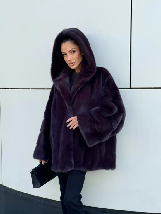 Норковый полушубок автоледи с капюшоном - цвет инжир - фото 13