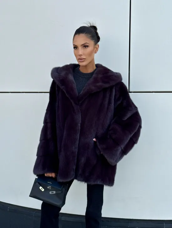 Норковый полушубок автоледи с капюшоном - цвет инжир - фото 9