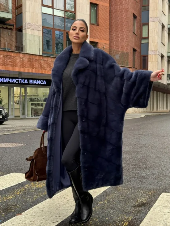 Норковая шуба-пальто в цвете джинс, стиль  “Бохо“ — батальный размер - фото 12