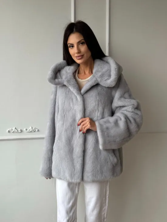 Женский норковый полушубок автоледи с капюшоном из голубой норки - фото 8