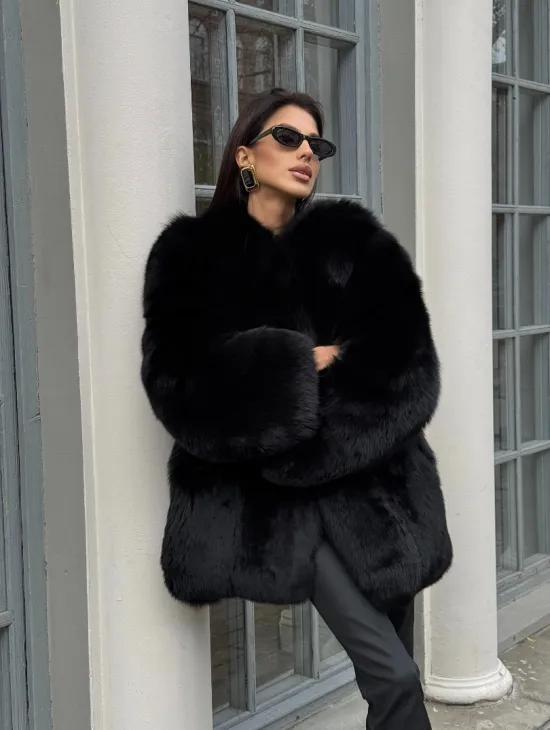 Шуба - жакет из меха песца цельные платины TOTAL BLACK - фото 8