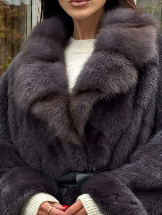 Шуба Летучая мышь из норки Graphite с английским воротником из меха куницы - фото 1