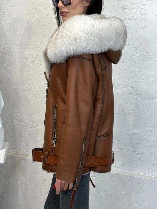 Дубленка - куртка женская из натуральной овчины с капюшоном из меха финского песца - фото 7