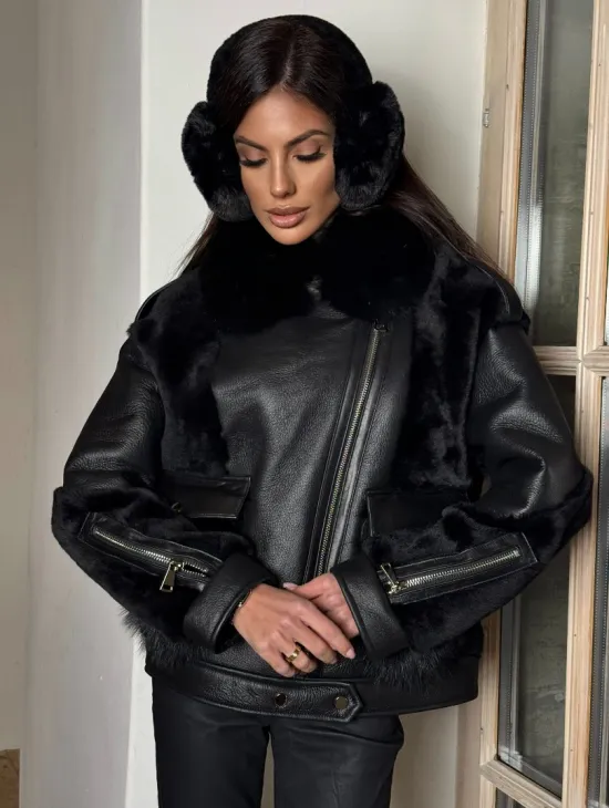 Черная дубленка на молнии с меховым воротником из финского песца - фото 7