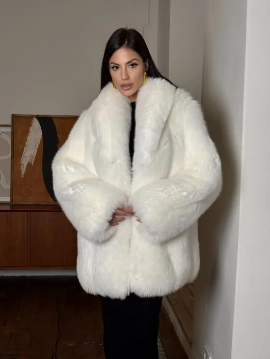 Белая шуба из меха лисы - воротник шаль - фото 8