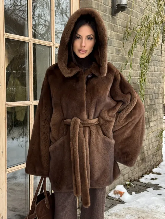 Шуба летучая мышь мех NAFA с капюшоном - цвет соболь - фото 3