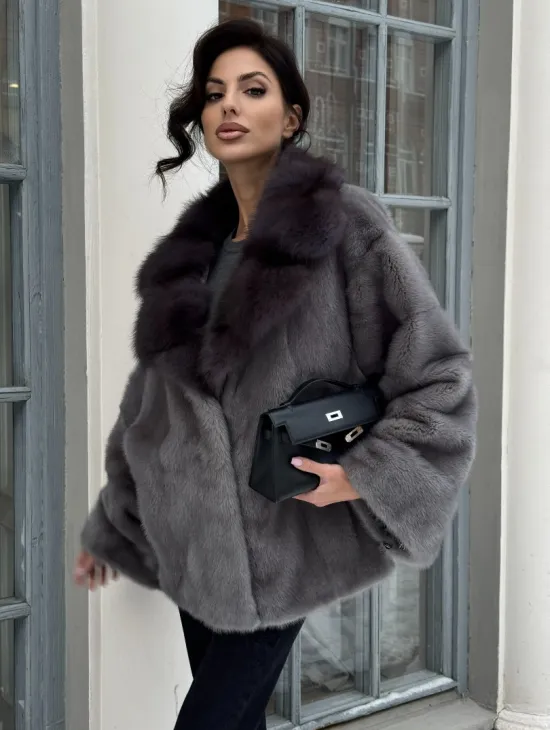 Автоледи шуба норковая с воротником из меха куницы - серый графит - фото 6