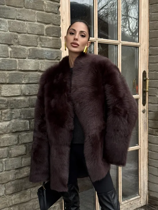 Двухсторонняя женская дубленка из итальянской тосканы Brown - фото 14