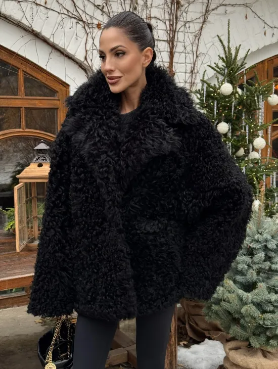 Черная короткая шуба - дубленка из испанской овчины «Тиградо» - фото 0