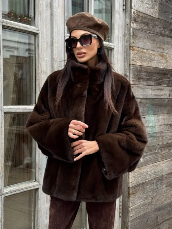 Норковый полушубок из меха аукционной норки, стойка воротник - фото 7