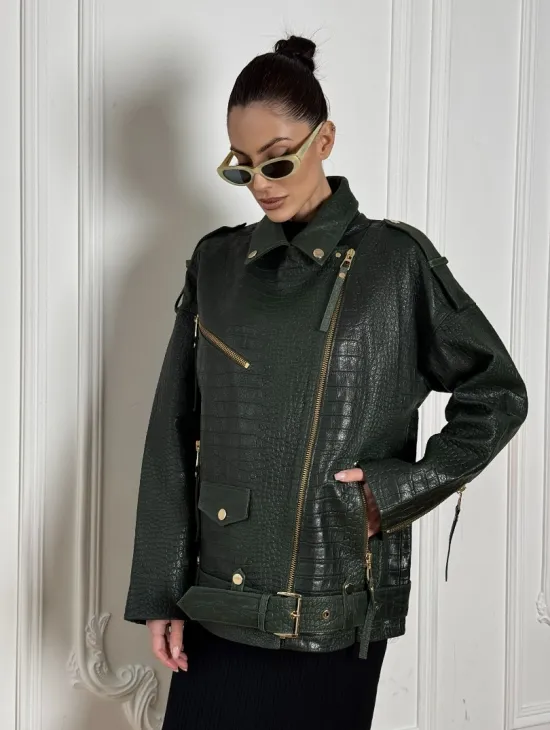 Куртка - косуха из натуральной кожи «CROCO» Dark green - фото 5