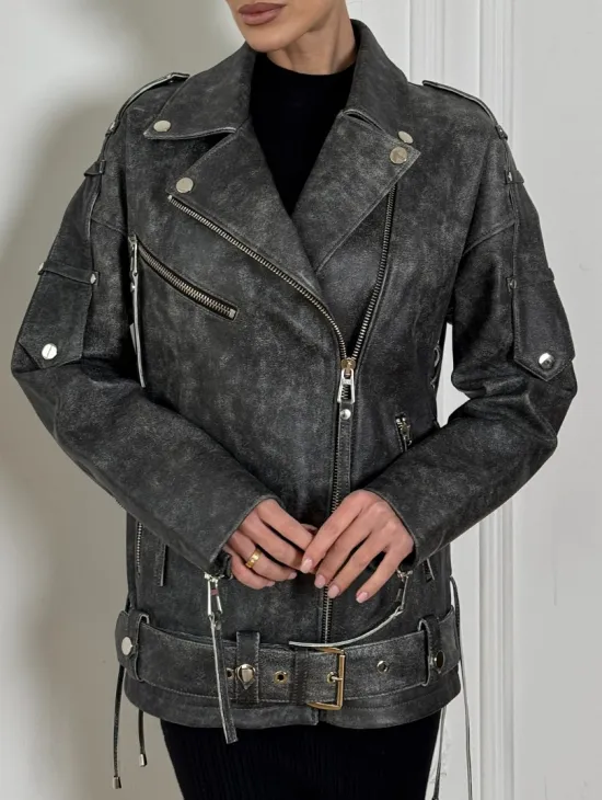 Косуха женская из натуральной кожи Vintage со шнуровкой - цвет серый - фото 2