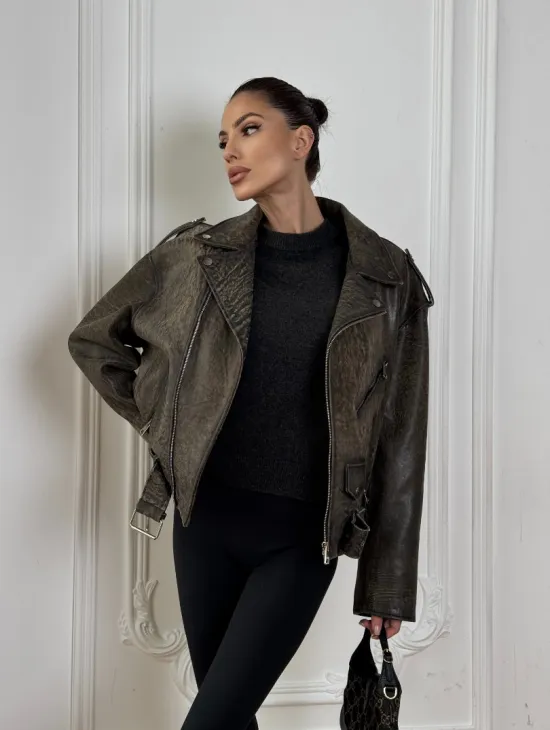 Натуральная женская кожаная косуха в стиле Vintage весна - 2025 - фото 8