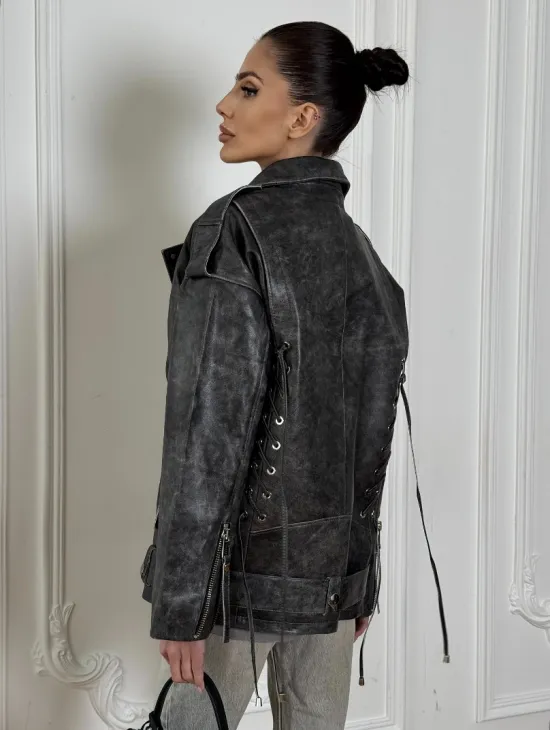 Женская кожаная куртка авиатор со шнуровкой на спине Dark grey - фото 4