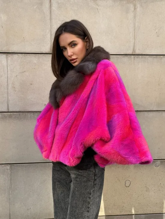 Полушубок - летучка из меха норки в цвете фуксия 