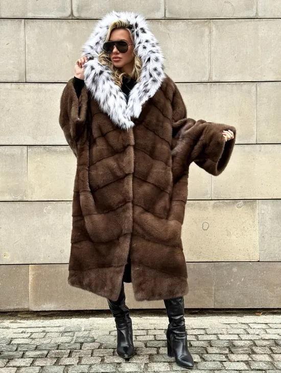 Норковая шуба с капюшоном из лисы под рысь - стиль 