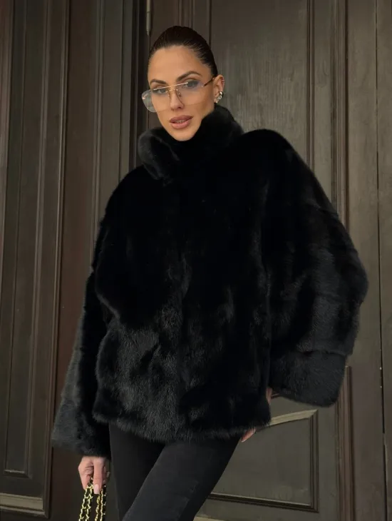 Норковый полушубок черного цвет стойка воротник - фото 5
