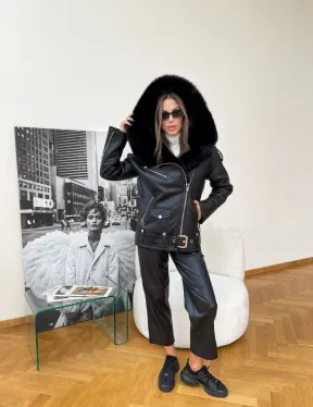 Дубленка авиатор из натуральной овчины с капюшоном - фото 3