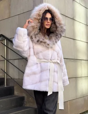 Норковая шуба с мехом рыси - белая - фото 8