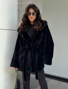 Пончо из норки с капюшоном кобра - черно-синий - фото 5