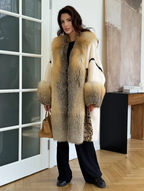 Комбинированная норковая шуба с мехом лисы - белый - фото 4