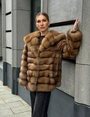 Шуба из натурального меха куницы с капюшоном - фото 19