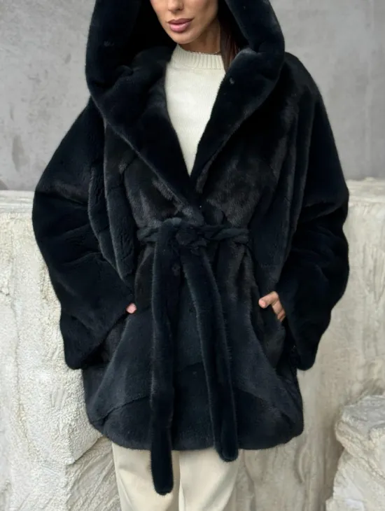 Шуба норковая летучая мышь с капюшоном - фото 1
