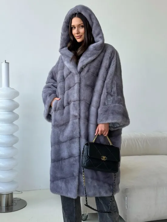 Голубая норковая шуба с капюшоном oversize - фото 5