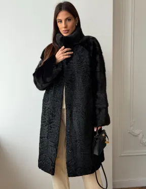 Шуба из каракуля с норкой - стойка воротник - фото 0