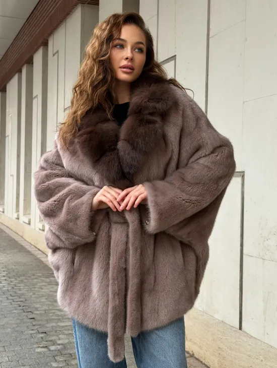 Норковая шуба летучка - воротник куница - фото 6