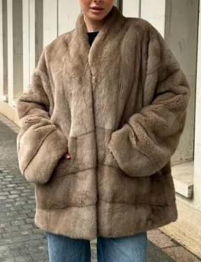 Норковый полушубок пастель V-образный воротник - фото 3