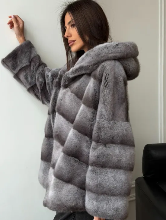 Норковый полушубок с капюшоном - цвет Platinum - фото 8