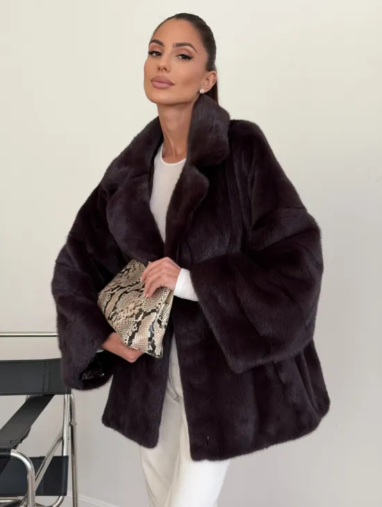 Норковый полушубок - цвет инжир - фото 3