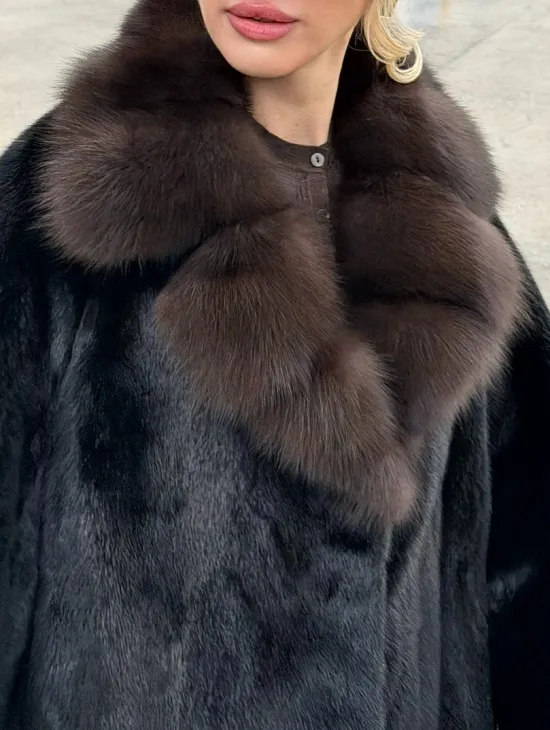 Черный норковый жакет с воротником куницы - фото 2
