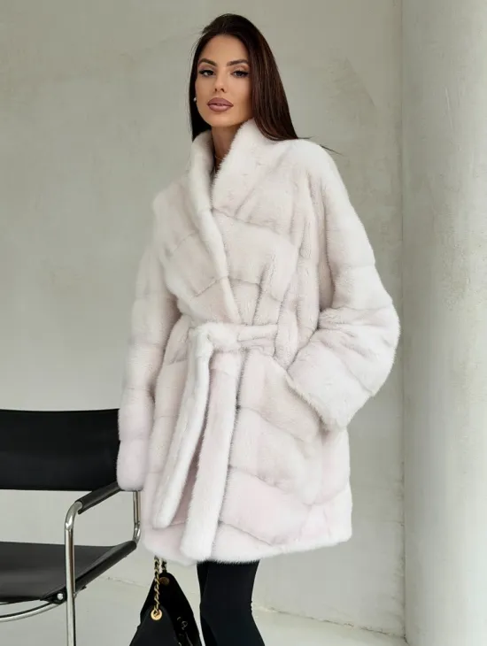 Белая шуба-кимоно, мех норка - фото 8