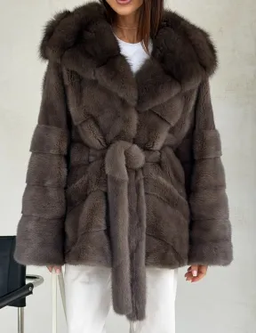 Меховой норковый полушубок с капюшоном куница - фото 4