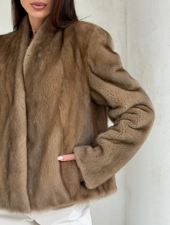 Укороченная шуба из натурального меха норки - пастель - фото 2