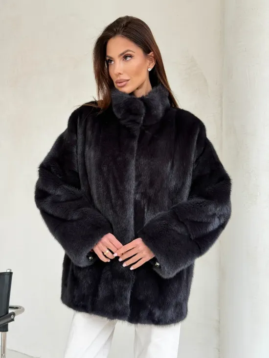 Норковый полушубок графит - стойка воротник - фото 4