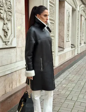 Дубленка авиатор длинная на белой овчине - фото 3