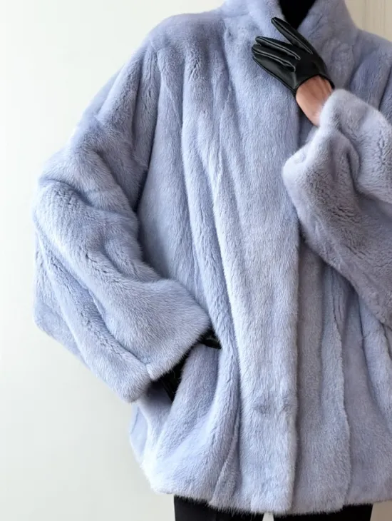 Голубой норковый полушубок - летучая мышь - фото 1