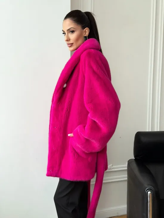 Шуба из плюшевой норки Velvet - фуксия - фото 11