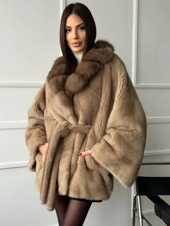 Pastel шуба летучая мышь - воротник куница - фото 0